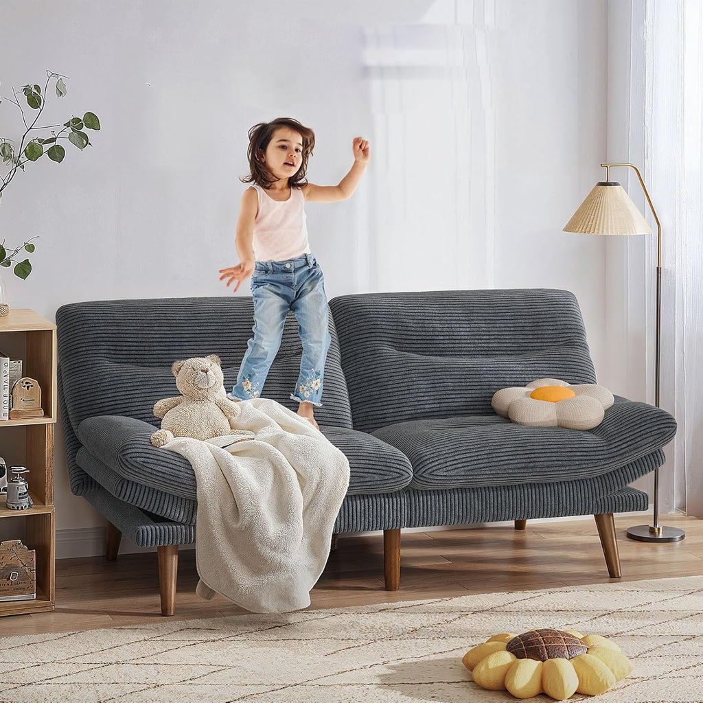Pipishell Convertible Futon Sofa Bed,66" Corduroy Futon Couch with Adjustable Backrest and Armrests, Recliner Sleeper Sofa for Small Spaces, Play Room or Office, Grey wourant