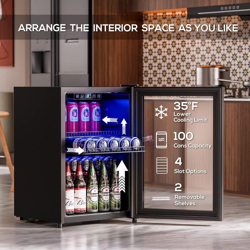 Beverage Refrigerator Cooler-120 Cans Freestanding Mini Fridge Cooler with Glass Door wourant