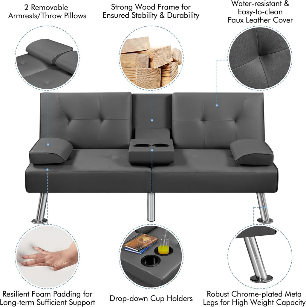 Yaheetech Convertible Sofa Bed Adjustable Couch Sleeper Modern Faux Leather Home Recliner Reversible Loveseat Folding Daybed Guest Bed, Removable Armrests, Cup Holders, 3 Angles, 772lb Capacity, Brown wourant
