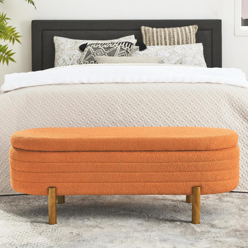 Furniliving Modern Storage Ottoman Bench, Sherpa Ottoman End of Bed Bench with Solid Wood Legs Upholstered Ottoman Benches with Storage Indoor Bench wourant