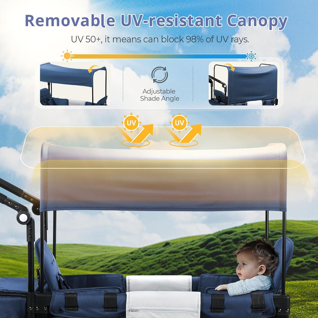 Stroller Wagon for Kids, Wagon Stroller Toddlers 2 Seaters, All-Terrain Baby Wagon Outdoor with Canopy, Parent Organizer, Adjustable Handle & Pull Bar for Infants and Toddlers, Gray wourant
