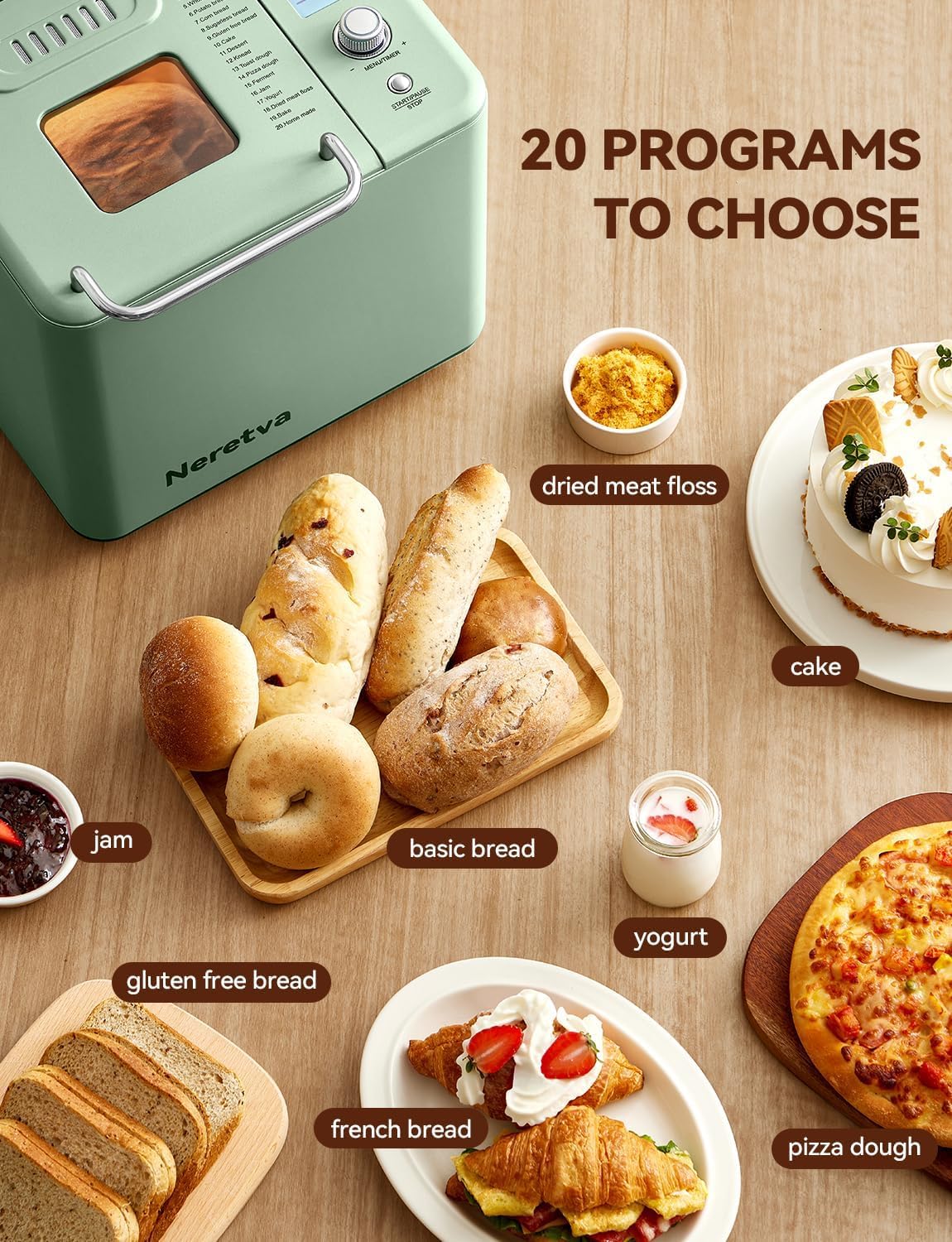 Neretva Bread Maker, 20-IN-1 2LB Bread Machine Dual Heater Bread Maker Machine Automatic with Nonstick Ceramic Pan, 15H Timer & 1H Keep Warm Set, Low Noise, Stainless Steel Breadmaker Recipe-Green wourant