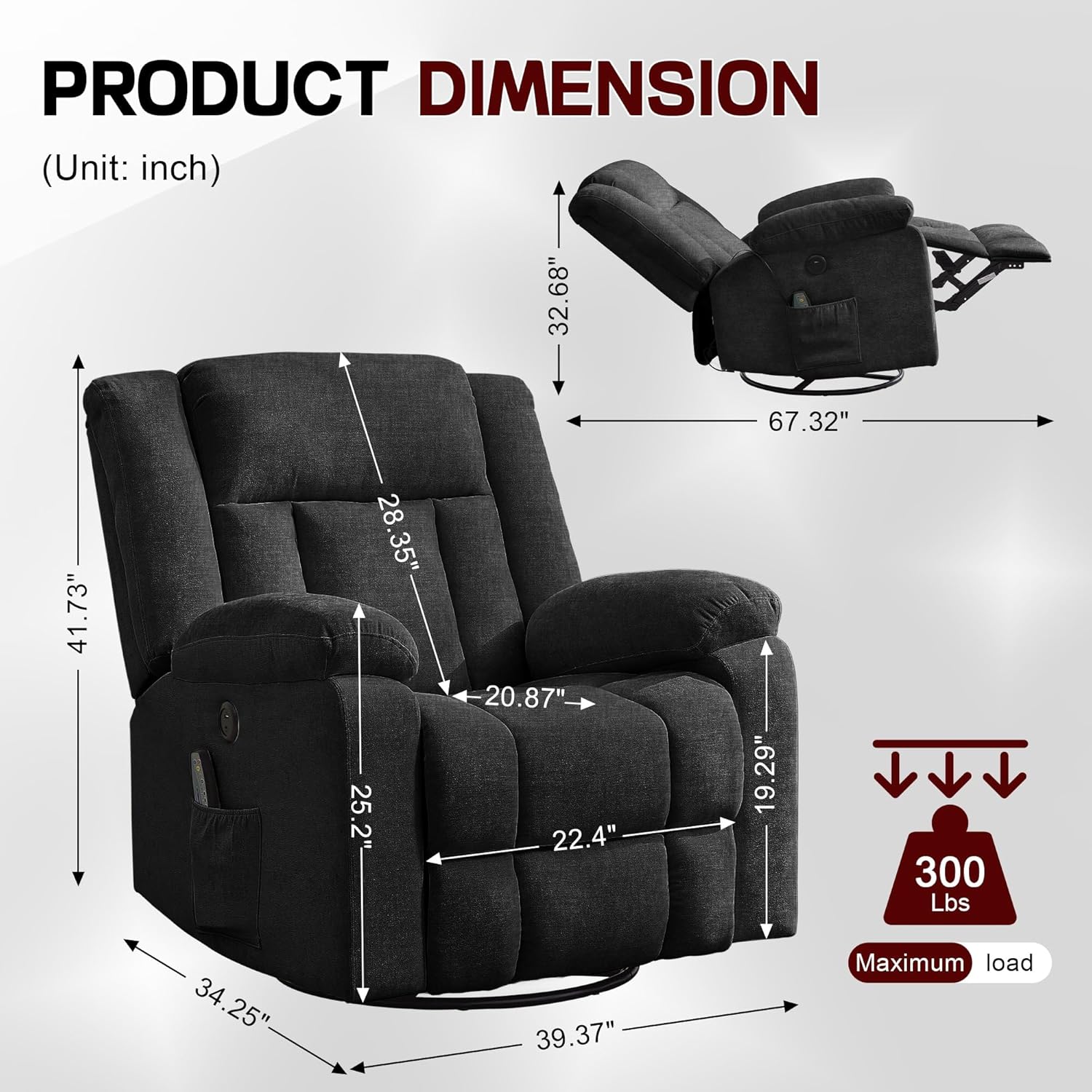 Adult rocking chair, gliding recliner, 360° rotating rocking chair with massage and heating function wourant