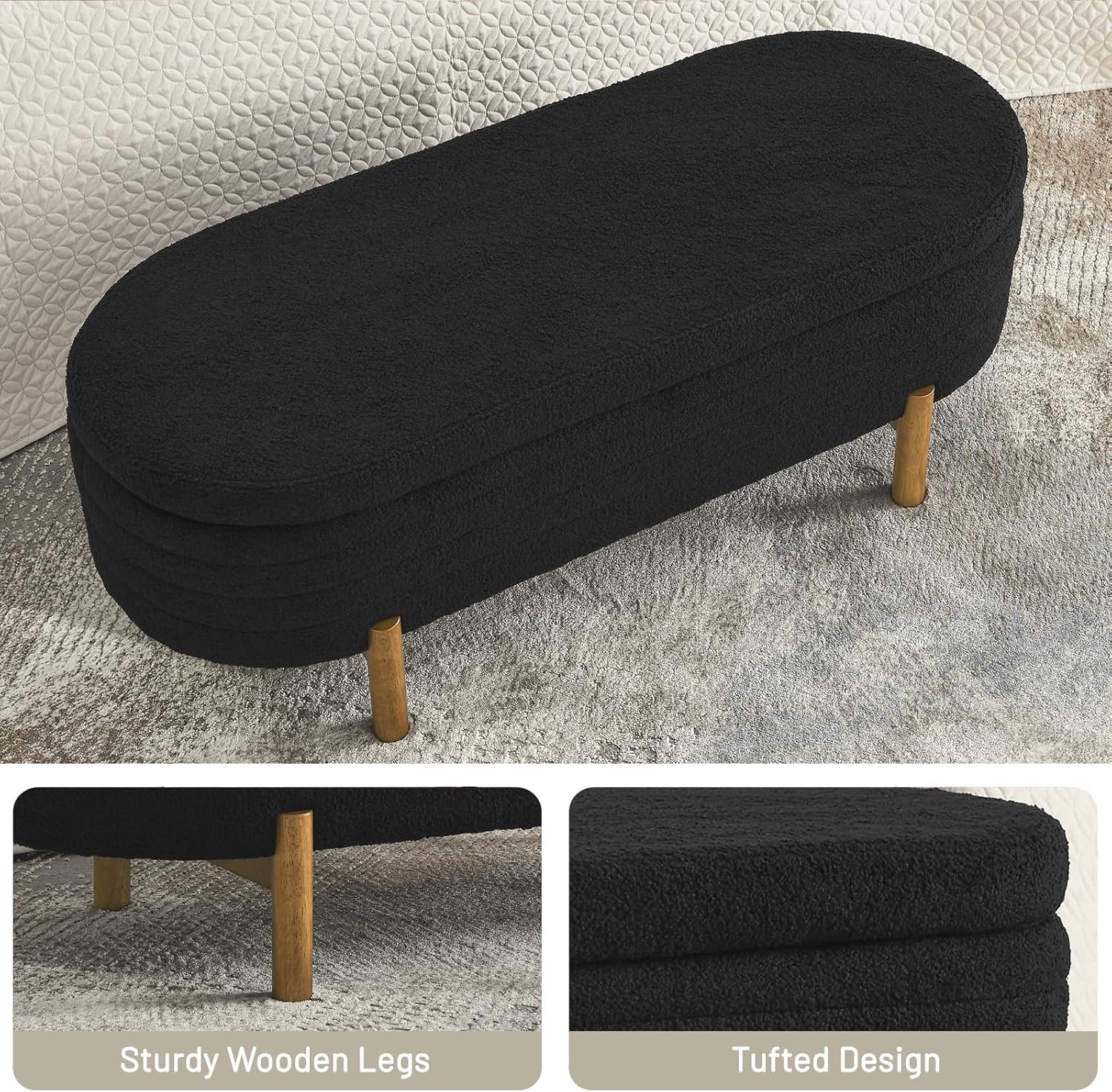 Furniliving Modern Storage Ottoman Bench, Sherpa Ottoman End of Bed Bench with Solid Wood Legs Upholstered Ottoman Benches with Storage Indoor Bench wourant