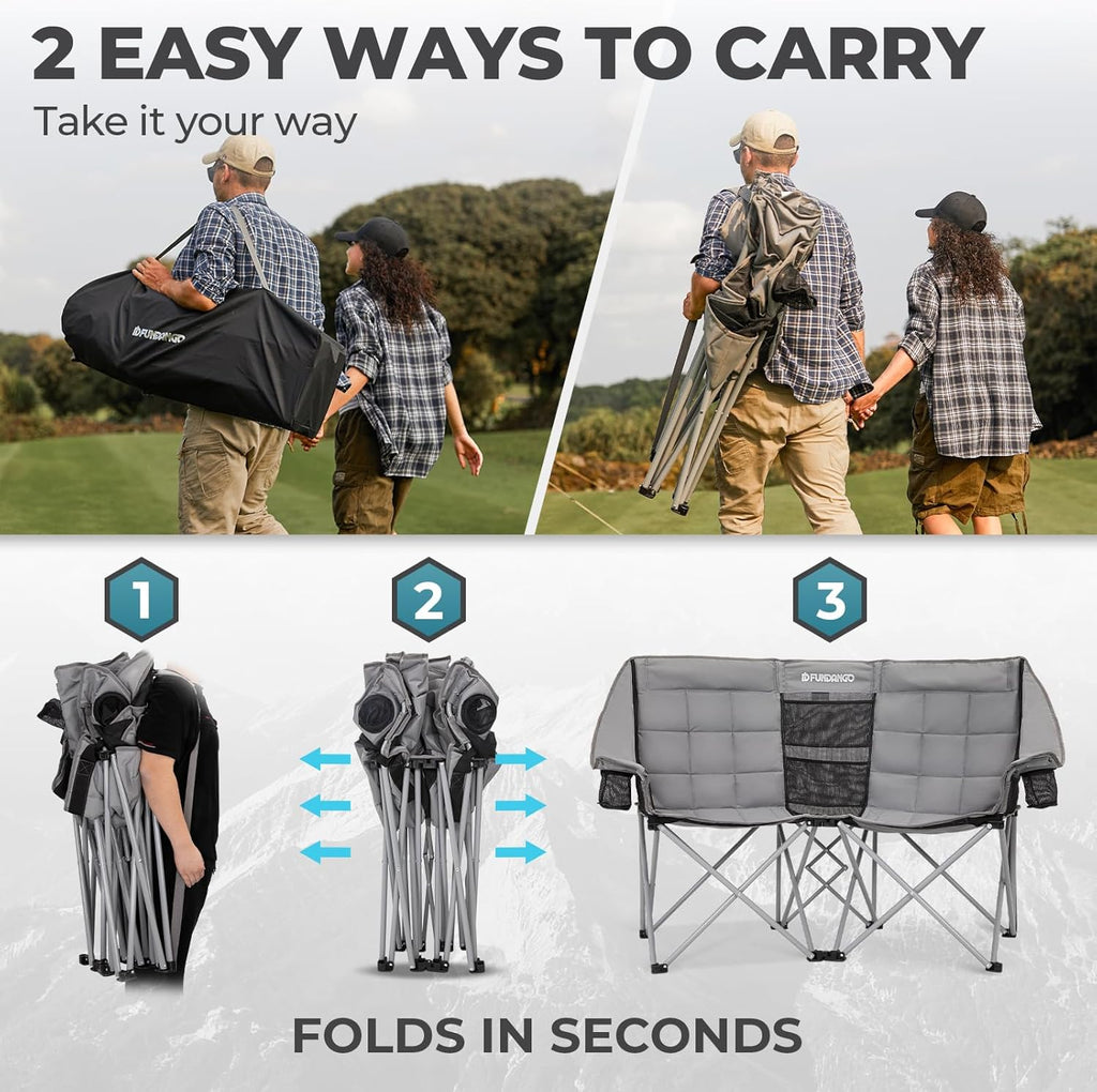 Double Camping Chair with Cooler 3-Person Folding Extra Large Camping Chair with 1000-Pound Load Capacity wourant