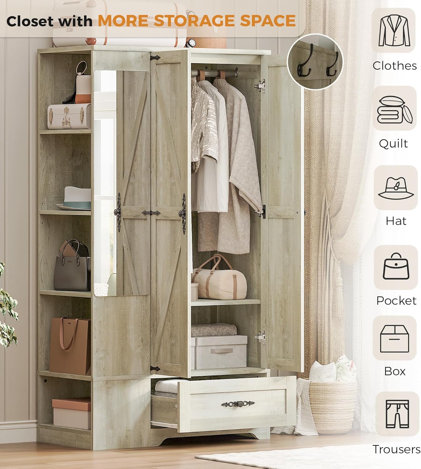 ANCTOR Armoire Wardrobe Closet with Mirror, 70" H Wooden Bedroom Armoires and Wardrobes wourant