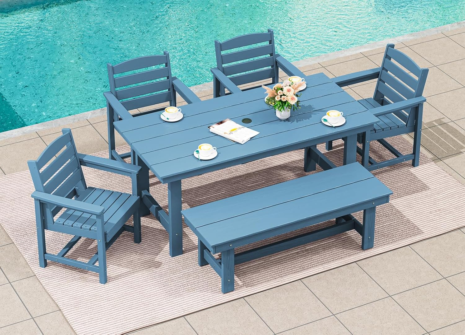 Outdoor HDPE Dining Table Set, 7-Piece Outdoor Dining Table Sets with Umbrella Hole Cut-Out Table and 6 Chairs wourant