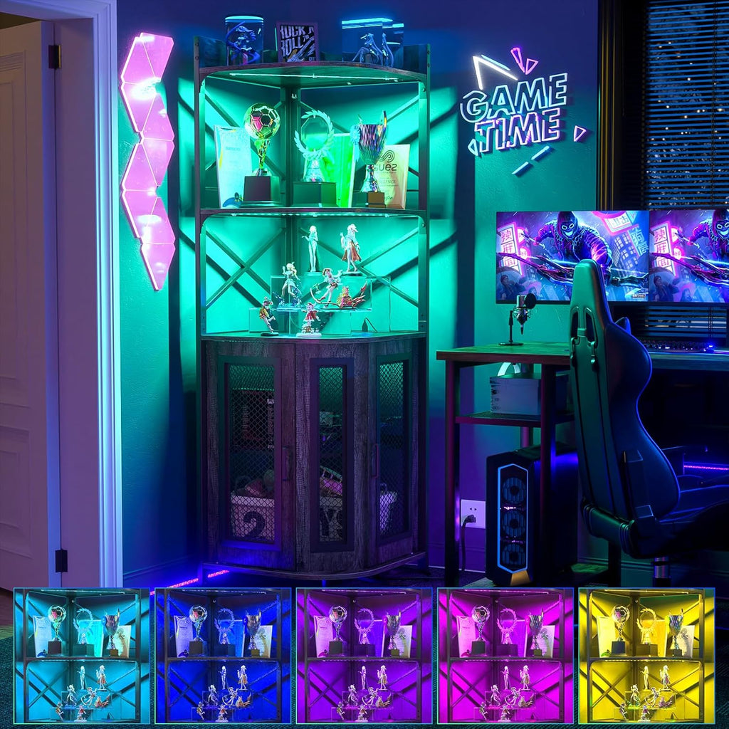 Aheaplus Corner Bar Cabinet with Power Outlet, Industrial Wine Cabinet with LED Strip and Glass Holder, 5-Tiers Liquor Cabinet Bar Unit for Home, Corner Display Cabinet for Small Space, White Oak wourant
