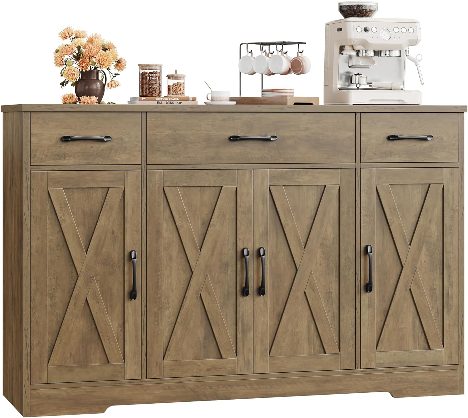 HOSTACK Buffet Cabinet with Drawers, 55" Large Sideboard Buffet Storage Cabinet with Shelves and Doors, Modern Farmhouse Coffee Bar Station Wood Kitchen Table for Kitchen, Dining Room, White/Rustic wourant