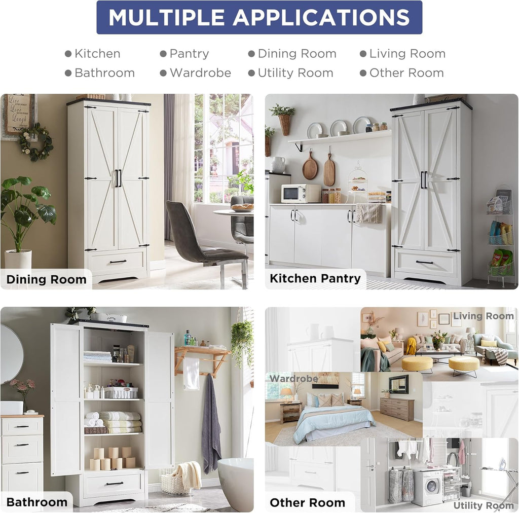 JXQTLINGMU Farmhouse Kitchen Pantry - 72" Tall Wood Kitchen Storage Cabinet with Adjustable Shelves and 2 Barn-Style Doors and Drawers wourant