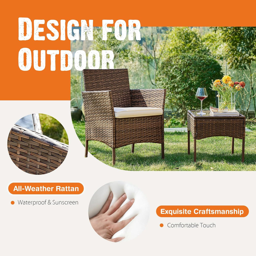 Sweetcripy Patio Furniture Set 3 Pieces, Outdoor Furniture with Soft Cushion and Glass Table, All Weather Manual Weaving Wicker Rattan Patio Chairs for Garden, Terrace, Porch(Black and Beige) wourant