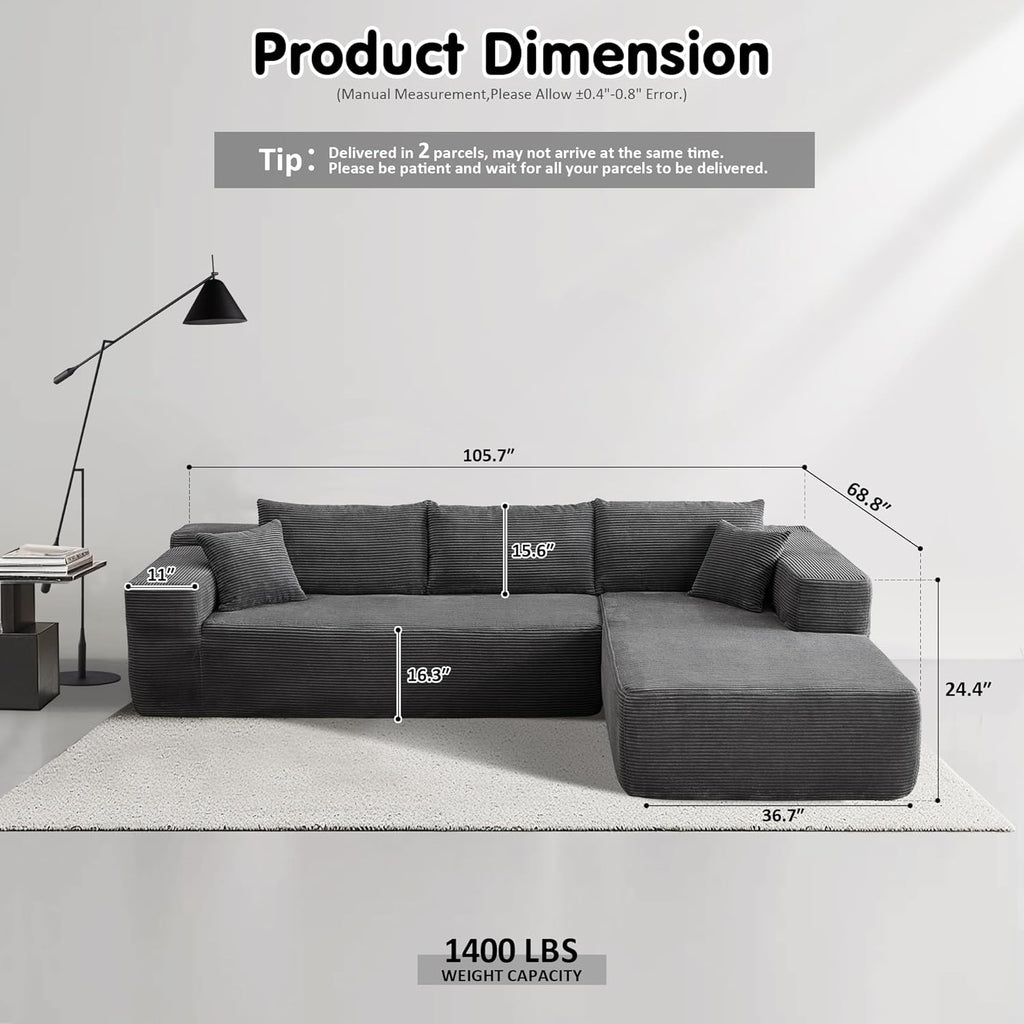 Ovios 104" Cloud Section Sofa L-shaped lounge chair, modern modular sofa wourant