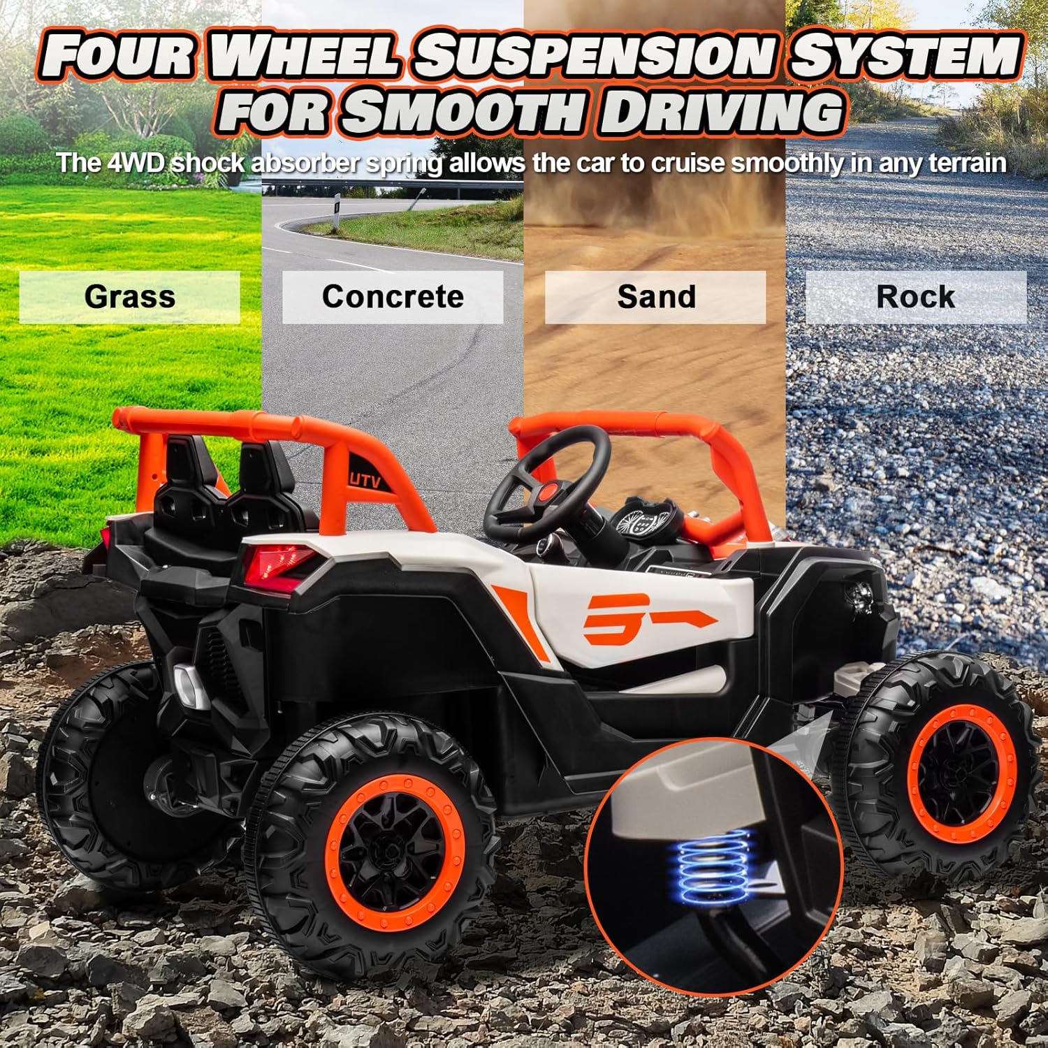JOYRACER Kids Remote Control Car with 4 x 150W Motors, Shock Absorbers, Bluetooth, MP3 Player, and Headlights wourant