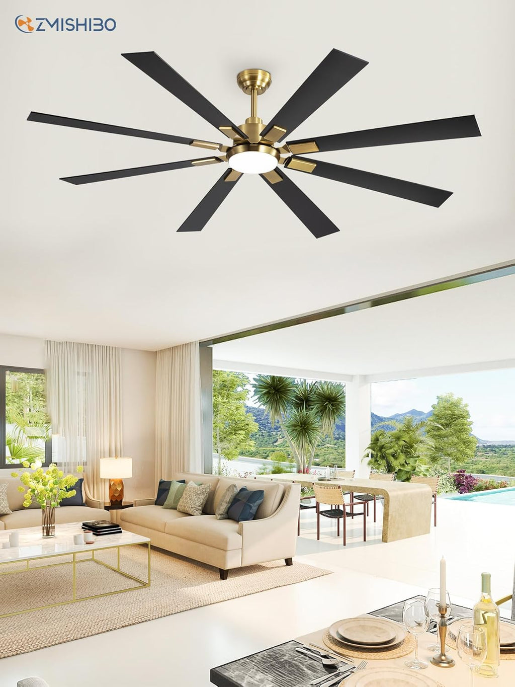 ZMISHIBO 72 inch Large Ceiling Fans with Lights and Remote, Indoor/Outdoor Black Modern Ceiling Fan for Kitchen Living Room Patio, 6 Speed Reversible Quiet DC Motor, 3 CCT, Dual Finish 8 Blades wourant
