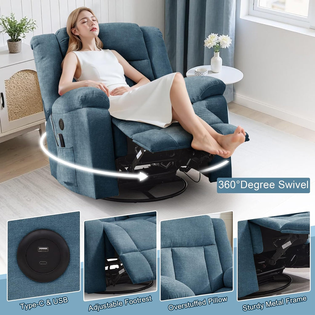 Rocker Recliner, Glider Recliner Chairs for Adults, 360° Swivel Rocking Chair with Massage and Heating, Nursery Chair with Storage and USB Charging for Living Room, Bedroom, Nursery wourant
