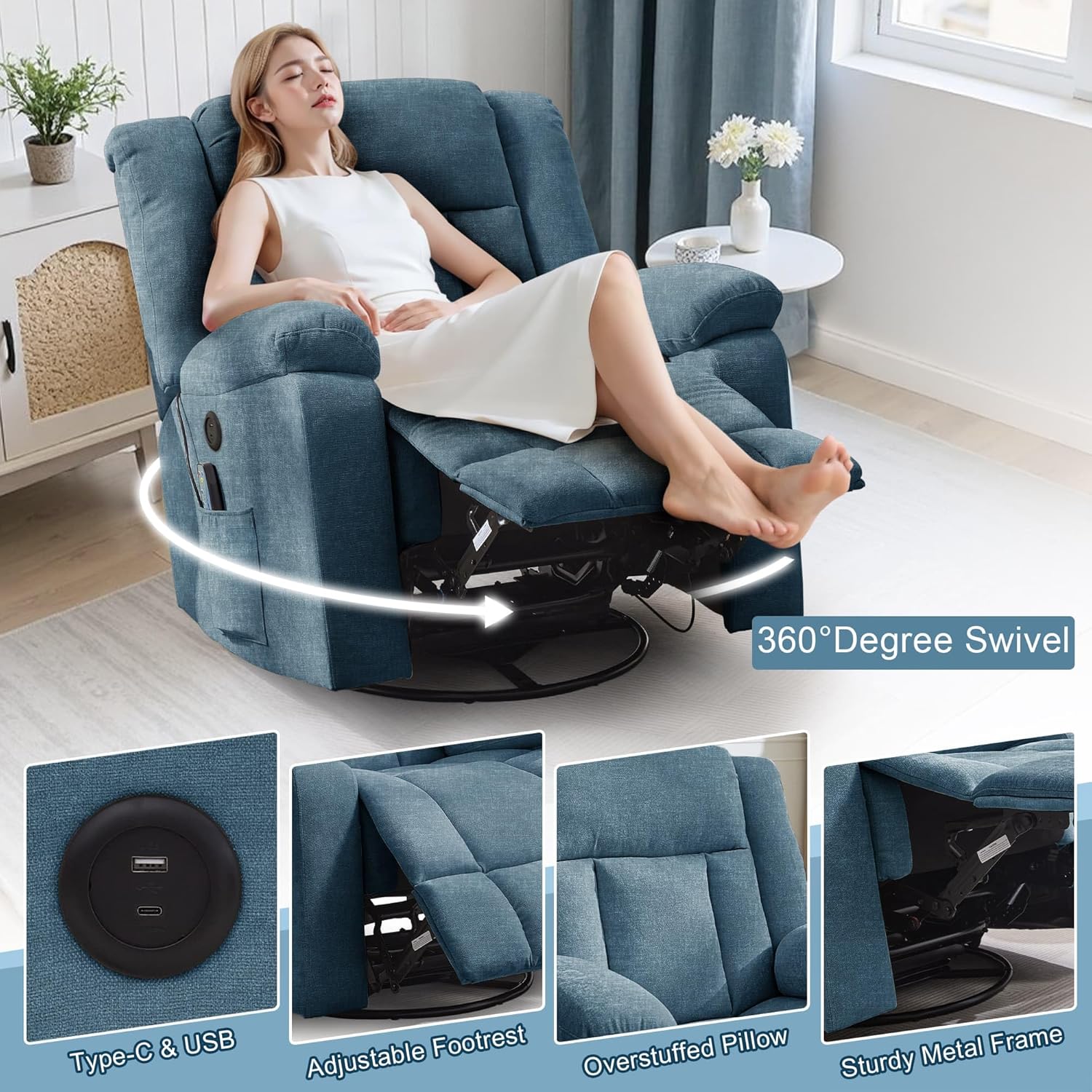 Rocker Recliner, Glider Recliner Chairs for Adults, 360° Swivel Rocking Chair with Massage and Heating, Nursery Chair with Storage and USB Charging for Living Room, Bedroom, Nursery wourant