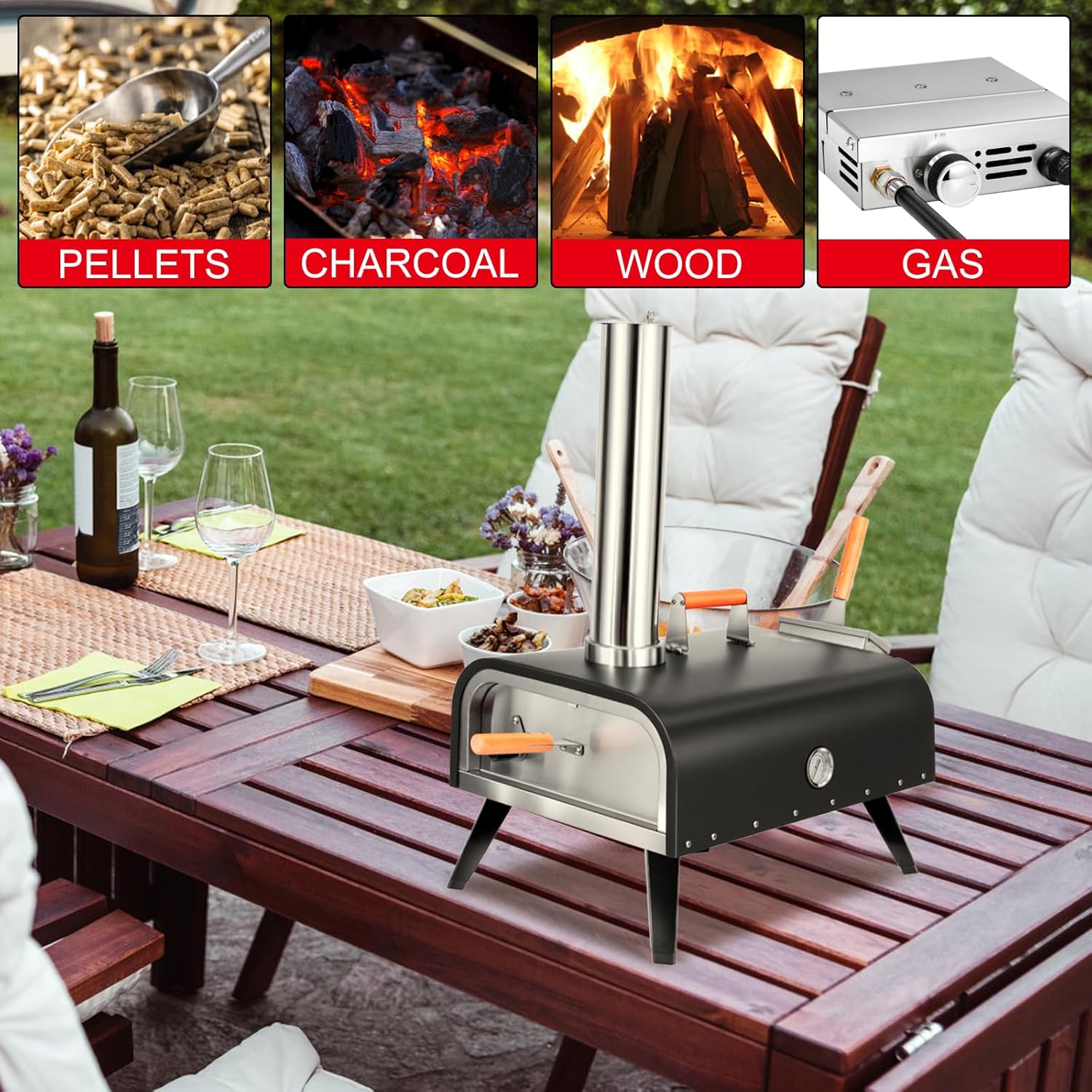 EDOSTORY Outdoor Pizza Oven, Wood Fired for Outside, Patio Maker With Stone, Peel, Grill Rack, and Waterproof Cover for Backyard Camping wourant