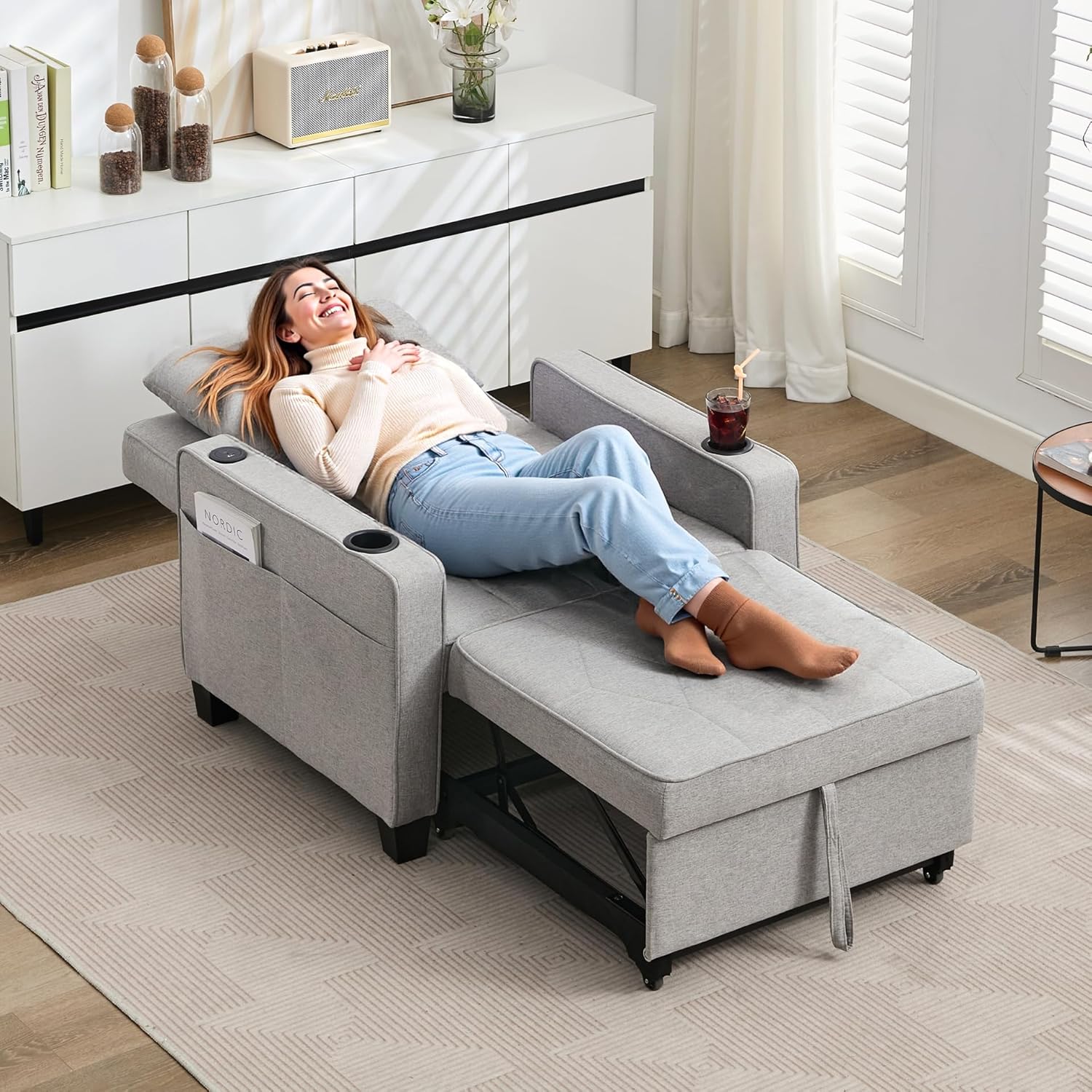Adult Convertible Sleeper Chair Bed, 3-in-1 Pull-Out Sofa Bed with USB/Type-C Ports, Cup Holders, Side Pockets, Single Sofa wourant