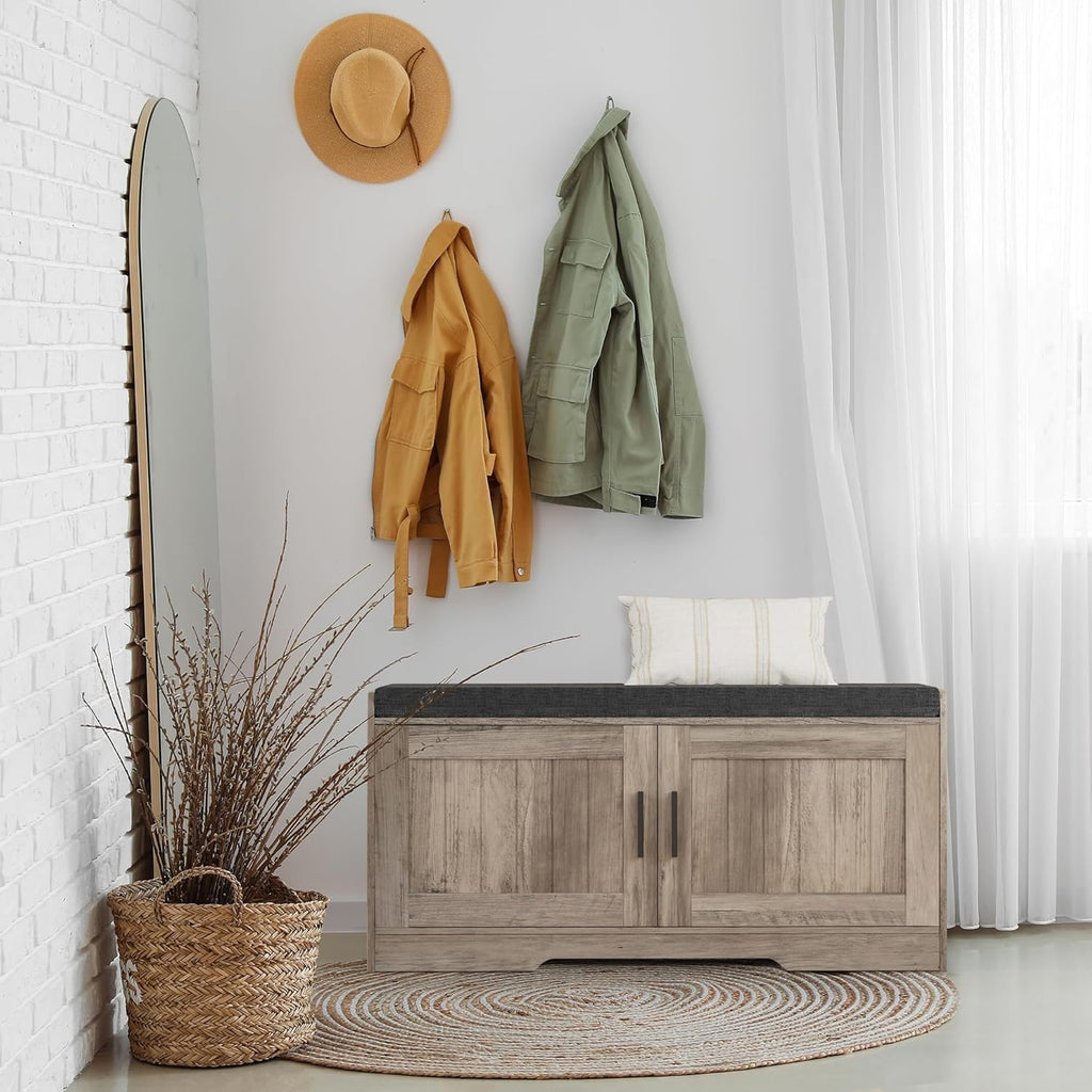 2-Tier Storage Bench, Shoe Bench with Thickened Padded Seat Cushion, Entryway Bench with 4 Doors, Adjustable Shelf wourant