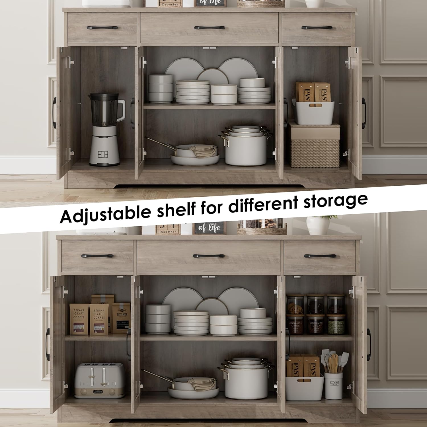 HOSTACK Buffet Cabinet with Drawers, 55" Large Sideboard Buffet Storage Cabinet with Shelves and Doors, Modern Farmhouse Coffee Bar Station Wood Kitchen Table for Kitchen, Dining Room, White/Rustic wourant
