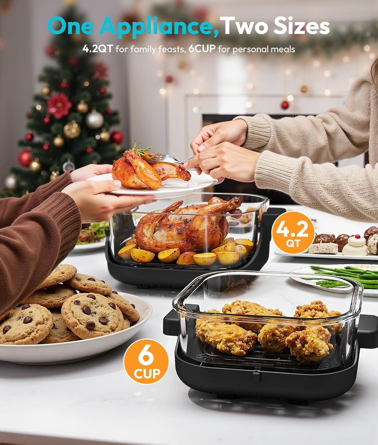 Rellytech Portable Glass Air Fryer - 1500W, 4.2 QT & 6-Cup Dual Glass Containers wourant