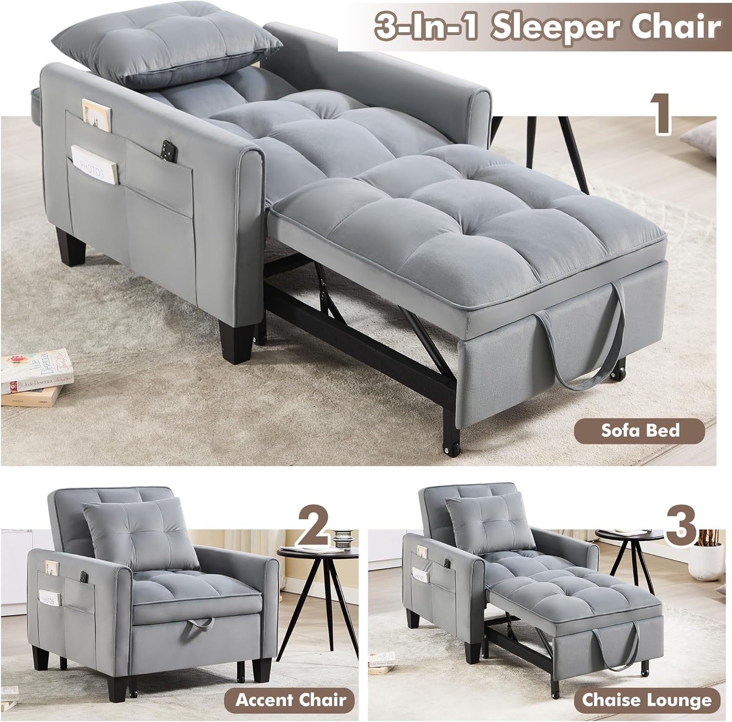 Convertible Sleeper Chair, 3 in 1 Sleeper Chair Bed Pull Out Sofa Bed Chairs, Velvet Single Sofa with Adjustable Backrest wourant