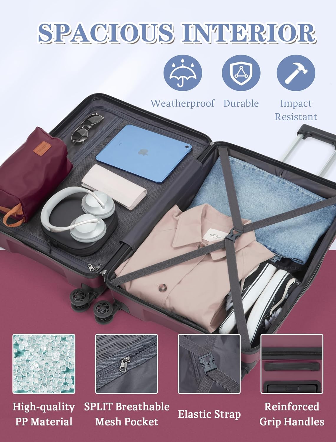 5-piece luggage set with wheels, ABS hardshell suitcase with spinner wheels wourant