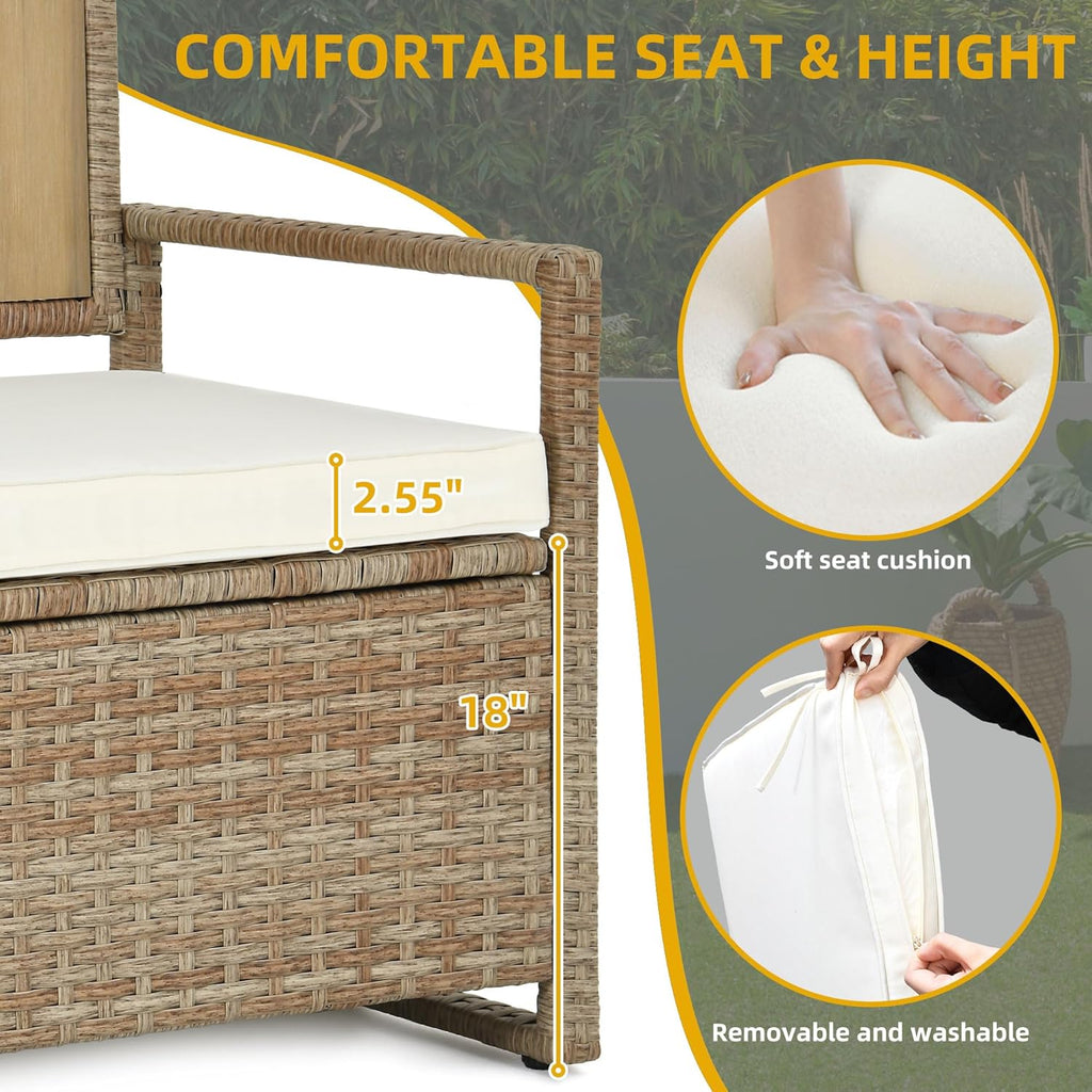 DWVO 70Gal Outdoor Storage Bench with Cushion & Composite Wood Backrest, All-Weather Wicker Deck Bench with Rustproof Bag, Poolside, Patio, Garden (Sand Beige) wourant