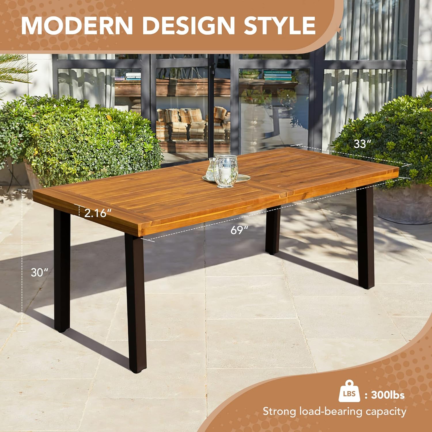 Devoko Home Acacia Wood Dining Table 6-Person Indoor Outdoor Table with Iron Legs, Sandblast Finish, Natural Stained, Rustic Metal, 69 * 33 * 30 inch (Natural) wourant