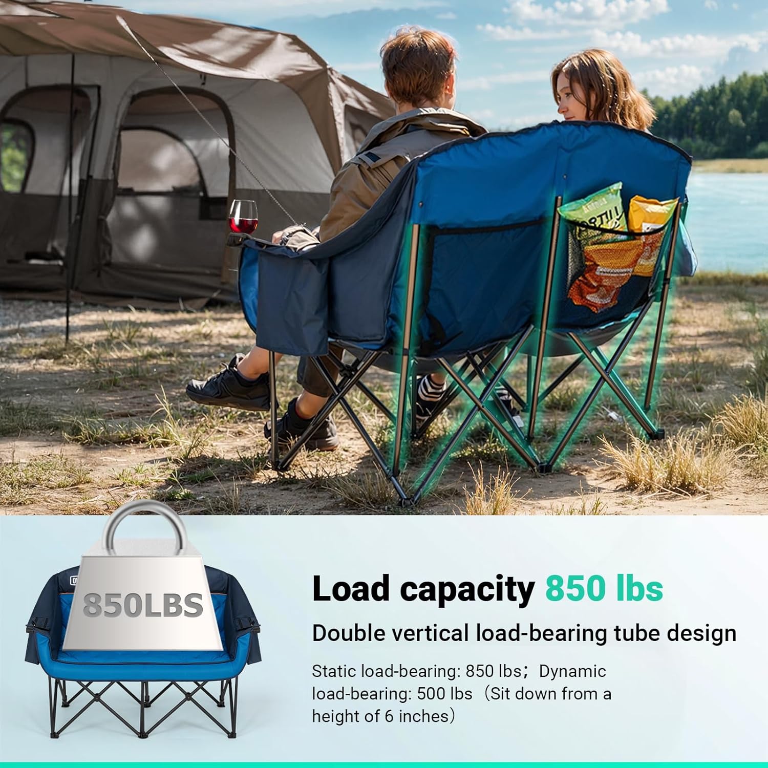 Extra Large Double Camping Chair - 2 Person Comfortable Sofa Chair Adult Loveseat - Heavy Duty Lawn Chair wourant