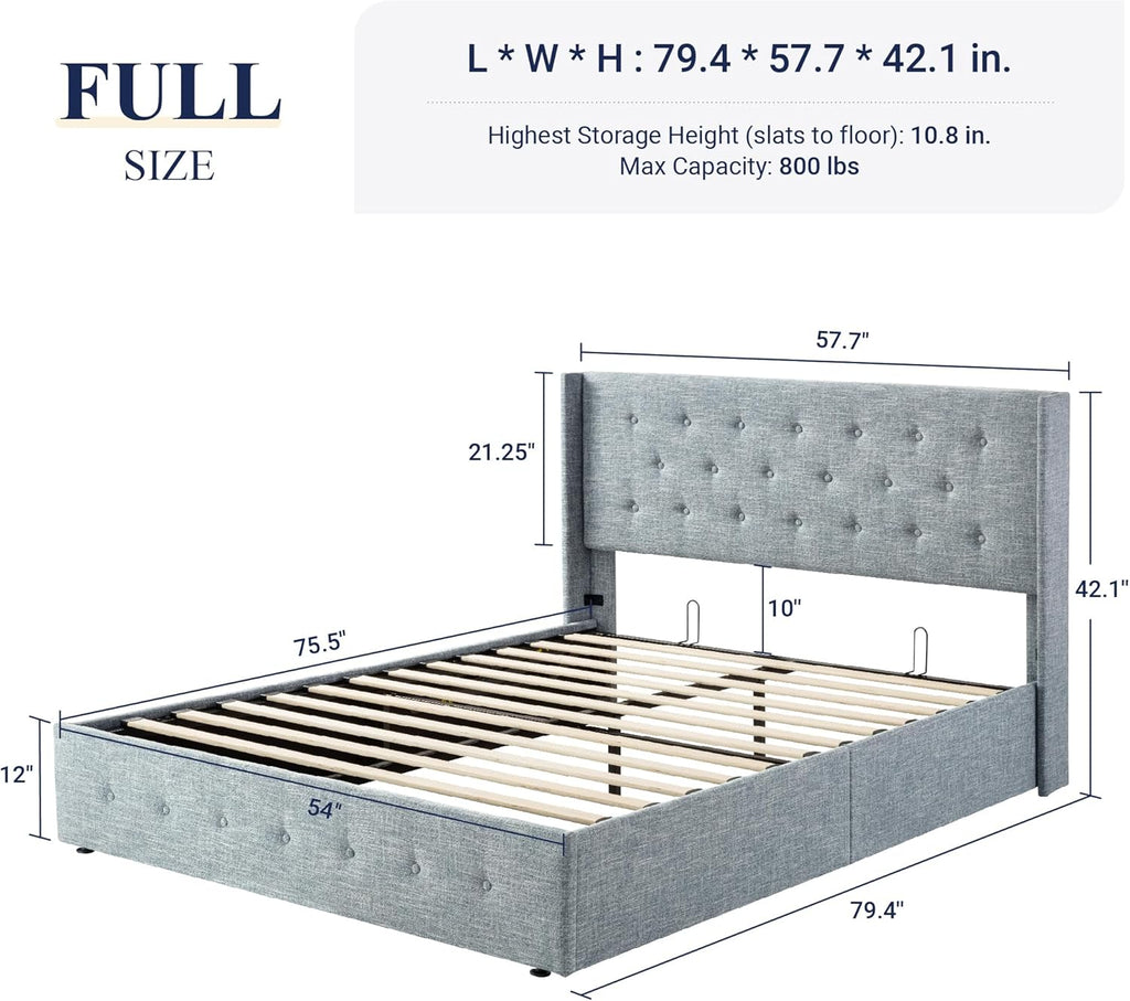 Allewie Queen Size Lift Up Storage Bed Modern Wingback Headboard Hydraulic Support wourant