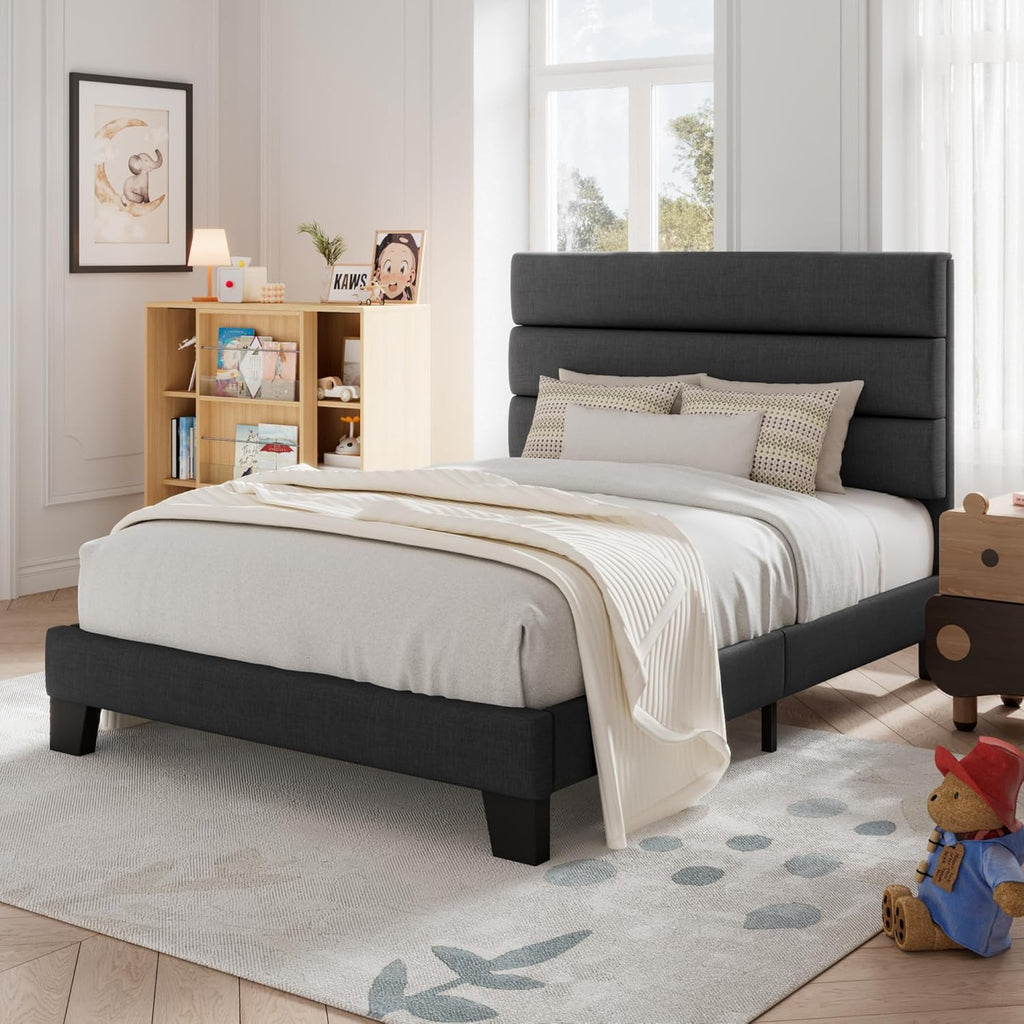 Allewie Queen Size Platform Bed Frame Fabric Upholstered Headboard Wooden Slats Support wourant