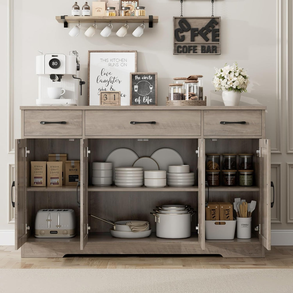 Sideboard with drawers, large 55-inch sideboard, sideboard storage with shelves and doors, modern farmhouse coffee bar wood kitchen dining table wourant