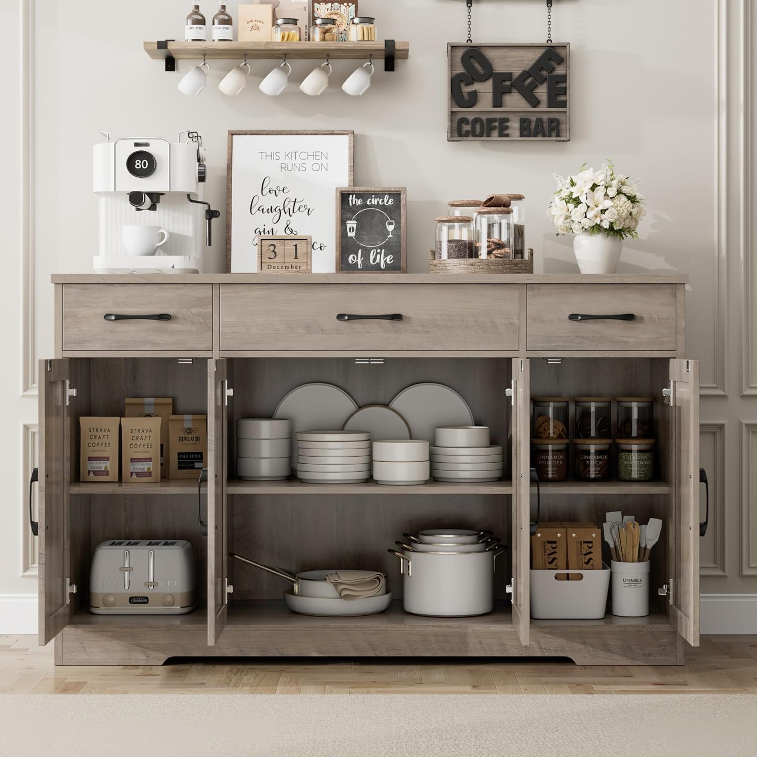 Sideboard with drawers, large 55-inch sideboard, sideboard storage with shelves and doors, modern farmhouse coffee bar wood kitchen dining table wourant