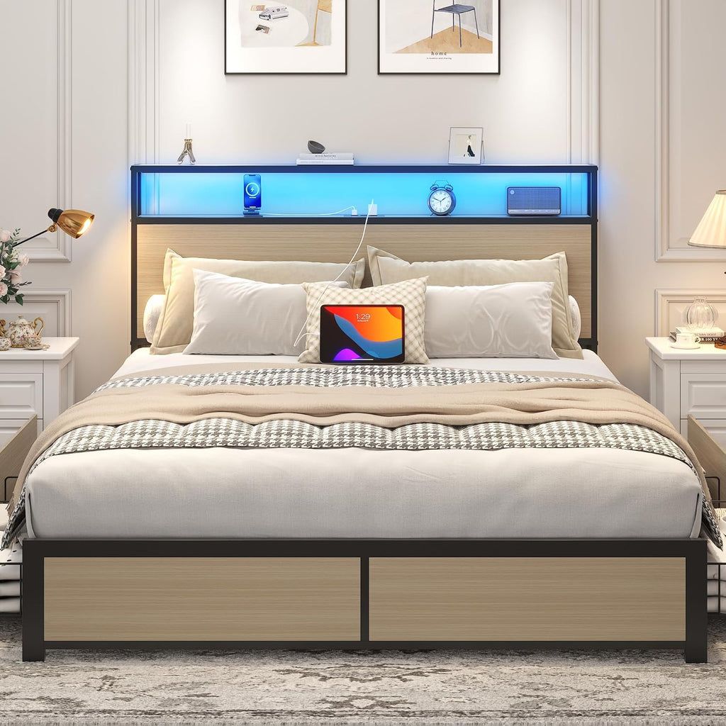 Lifezone Queen Bed Frame with 2-Tier Storage Headboard, Metal Platform Bed Frame with 4 Storage Drawers, Built in Charging Station & LED, Noise-Free/Metal Support/No Box Spring Needed wourant