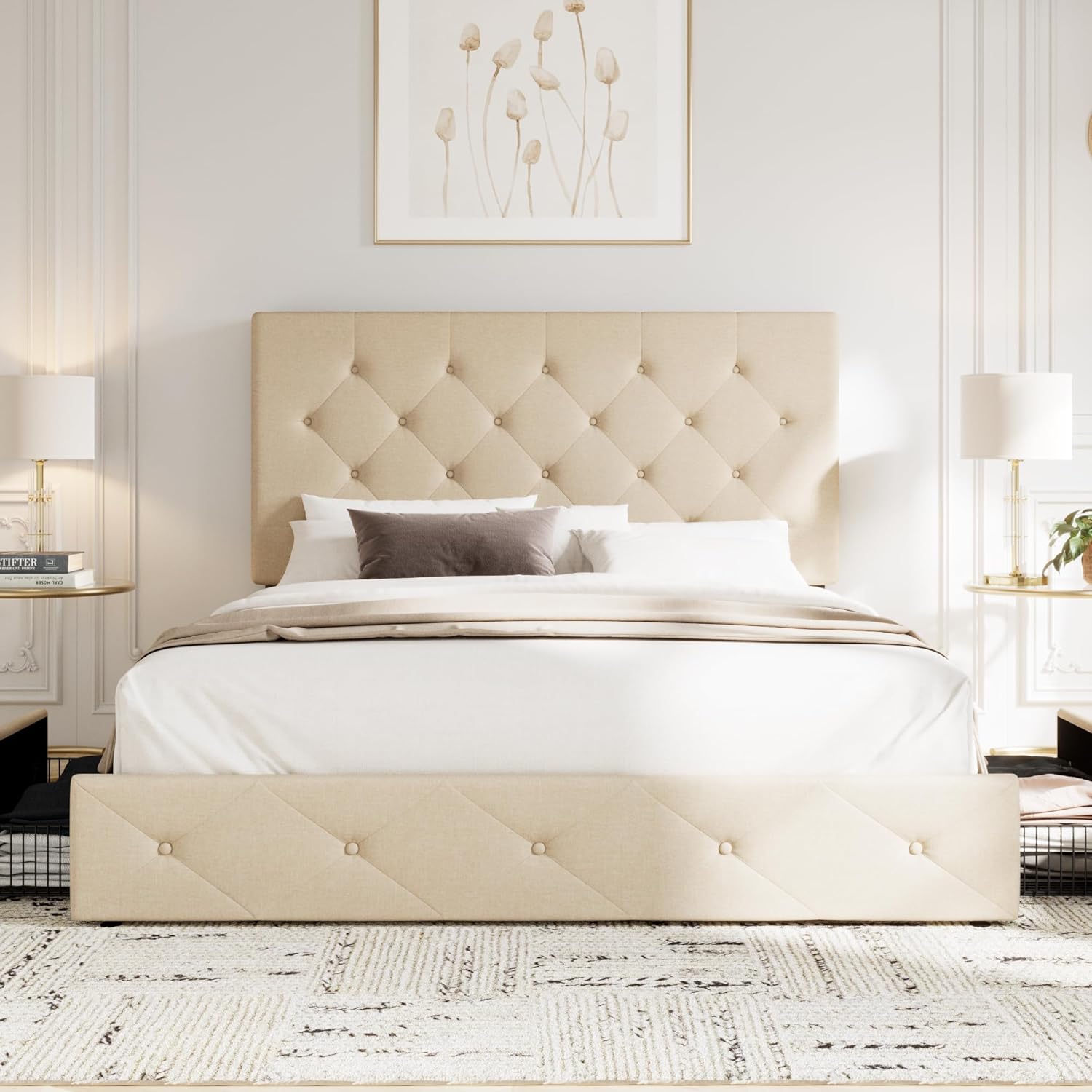 Allewie Upholstered Queen Size Platform Bed Frame with 4 Storage Drawers and Headboard wourant