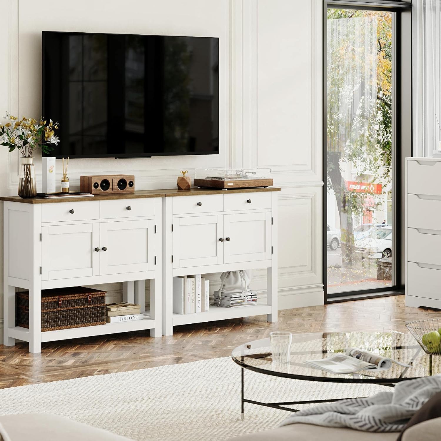 Farmhouse style console table coffee bar, entry table with storage rack, sofa table buffet sideboard wourant