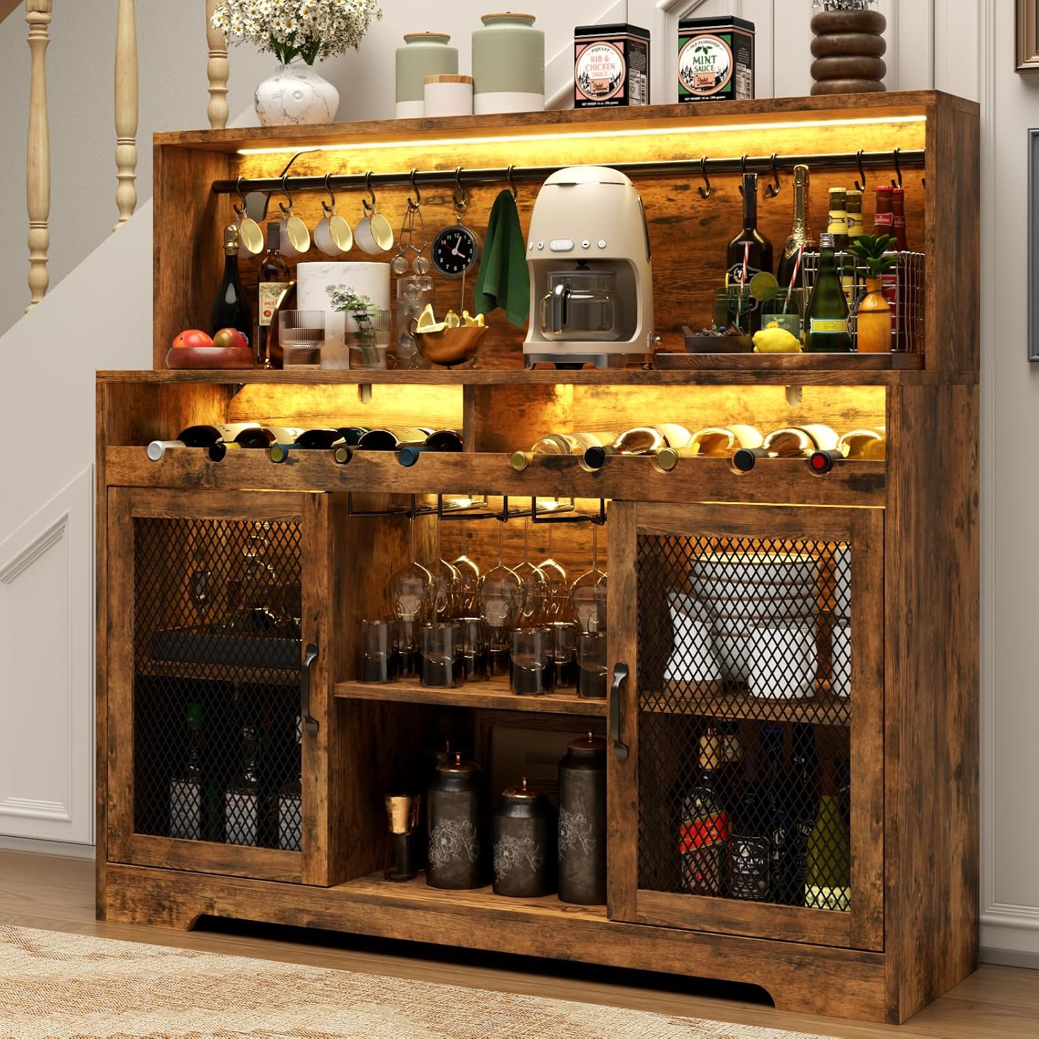 Wine Bar Cabinet with LED Light, Liquor Cabinet with Glass Holder, Coffee Bar for Liquor, Storage Buffet with Wine Racks, Wine Cabinet wourant