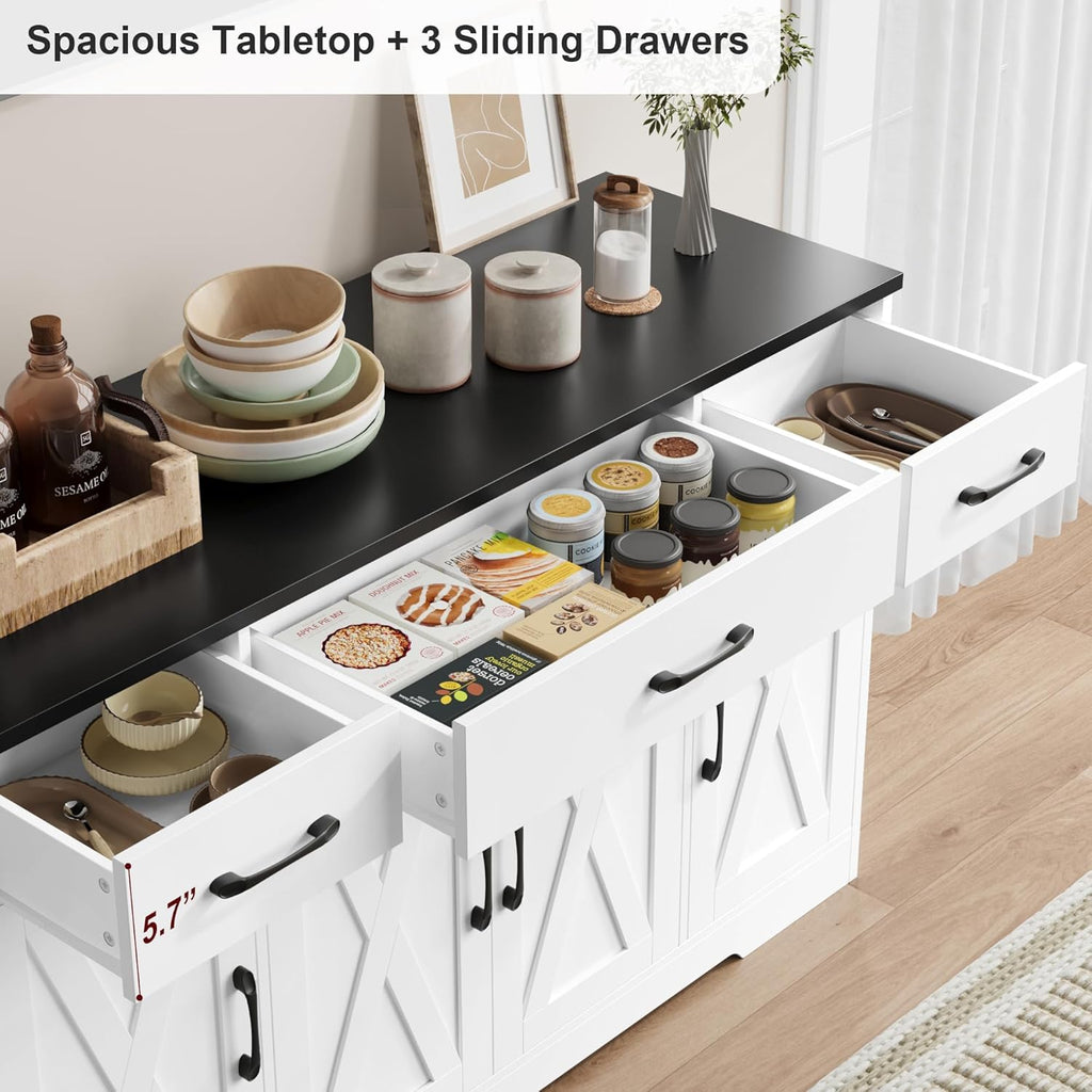 Sideboard with drawers, large 55-inch sideboard, sideboard storage with shelves and doors, modern farmhouse coffee bar wood kitchen dining table wourant
