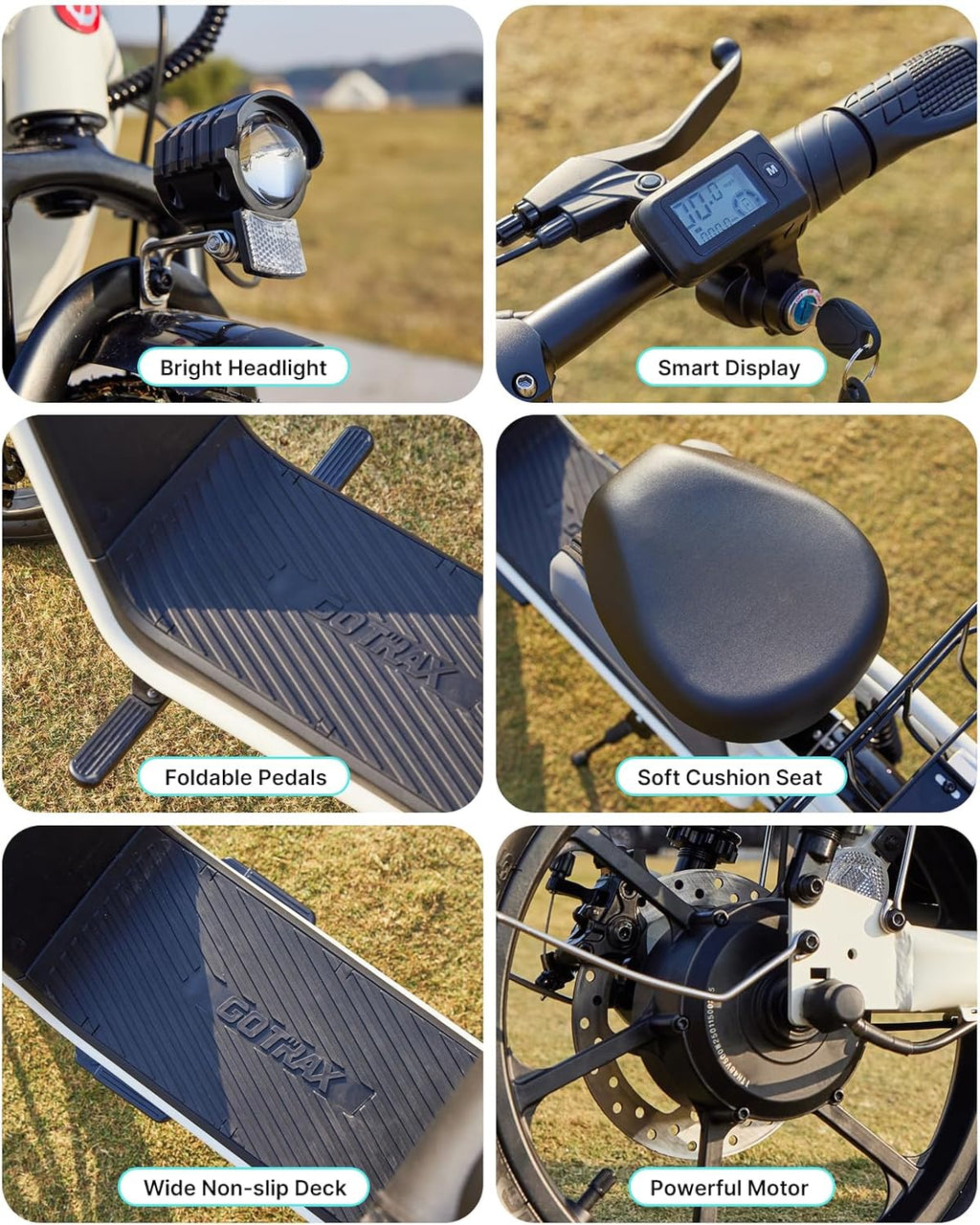 Gotrax adult electric scooter with seat, maximum range of 19-25 miles, all-terrain tires, wide pedals, padded seat, and carrycot wourant