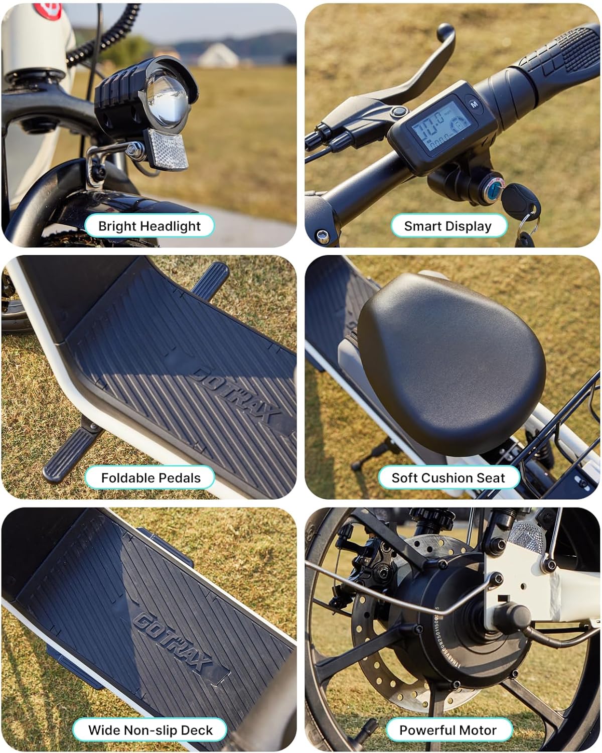 Gotrax adult electric scooter with seat, maximum range of 19-25 miles, all-terrain tires, wide pedals, padded seat, and carrycot wourant