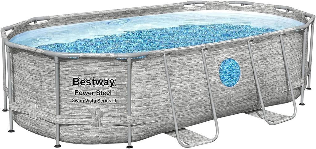 Power Steel Swim Vista Series II 14' x 8' 2" x 39.5" Above Ground Outdoor Swimming Pool Set with 530 GPH Filter Pump, Ladder, and Pool Cover wourant