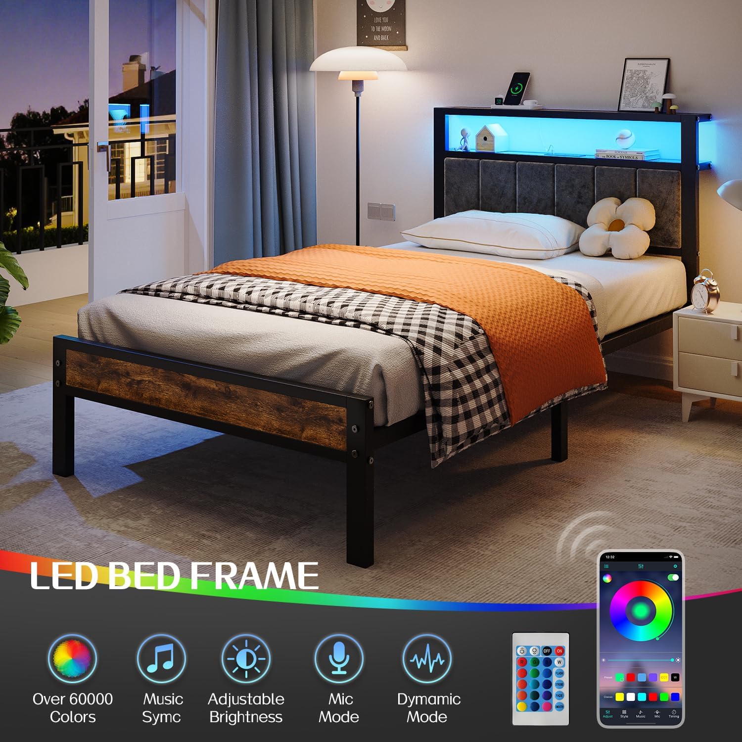 Queen Size Bed Frame with 2-Tier Storage Shelves Headboard Platform Bed Charging Station wourant