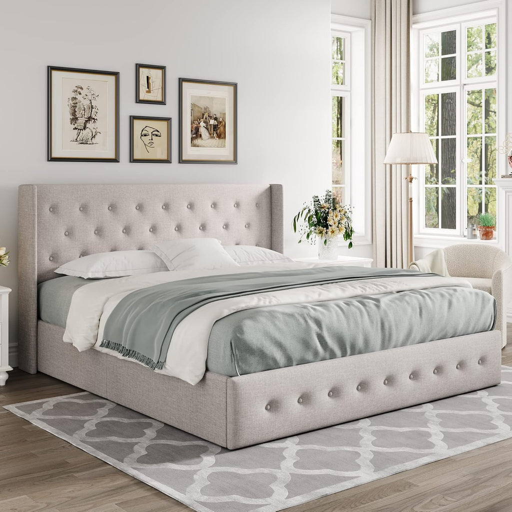 Allewie Queen Size Lift Up Storage Bed Modern Wingback Headboard Hydraulic Support wourant
