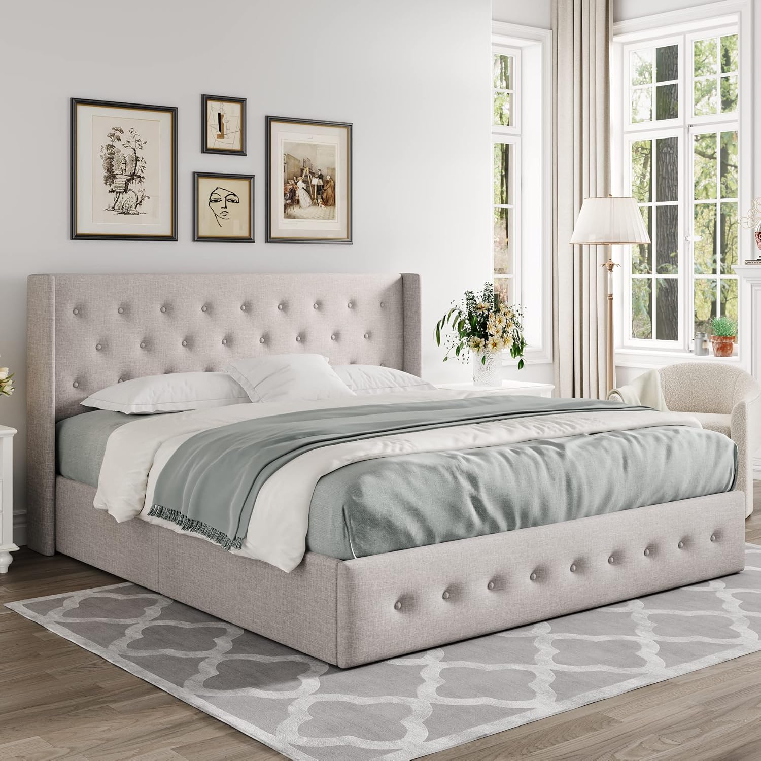 Allewie Queen Size Lift Up Storage Bed Modern Wingback Headboard Hydraulic Support wourant