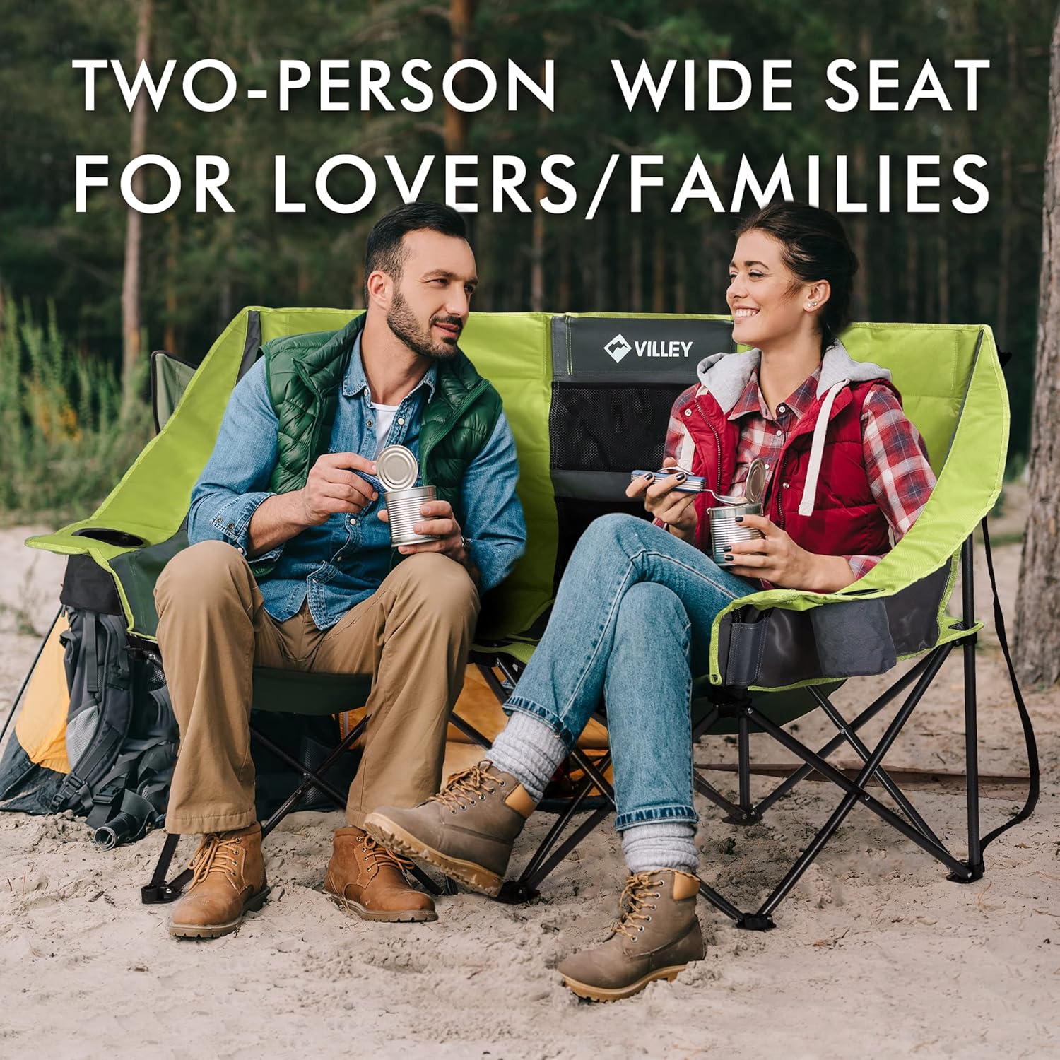 Double camping chair (with cooler bag), extra wide love seat, heavy duty padded camping sofa, portable folding chair wourant