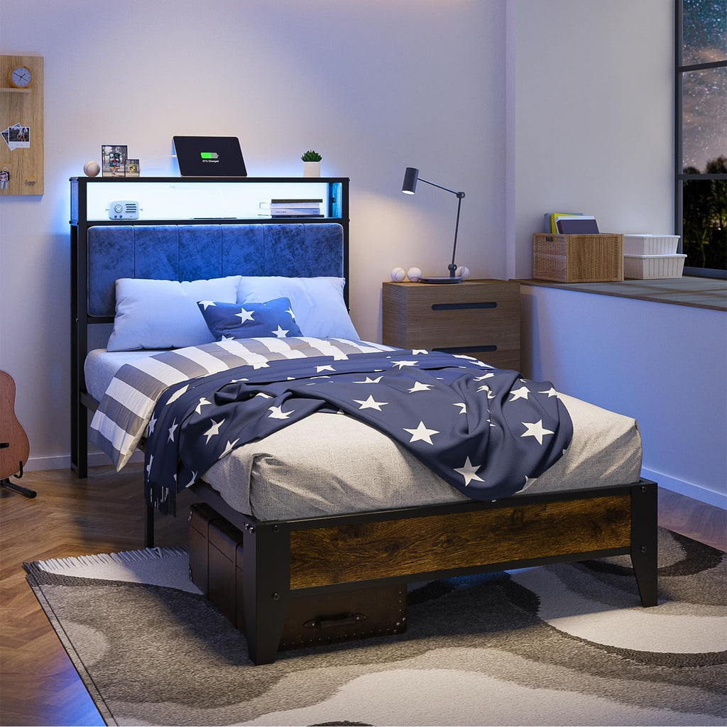 OLEVS Single Bed Frame LED Light Storage Headboard Charging Station Metal Platform Bed wourant