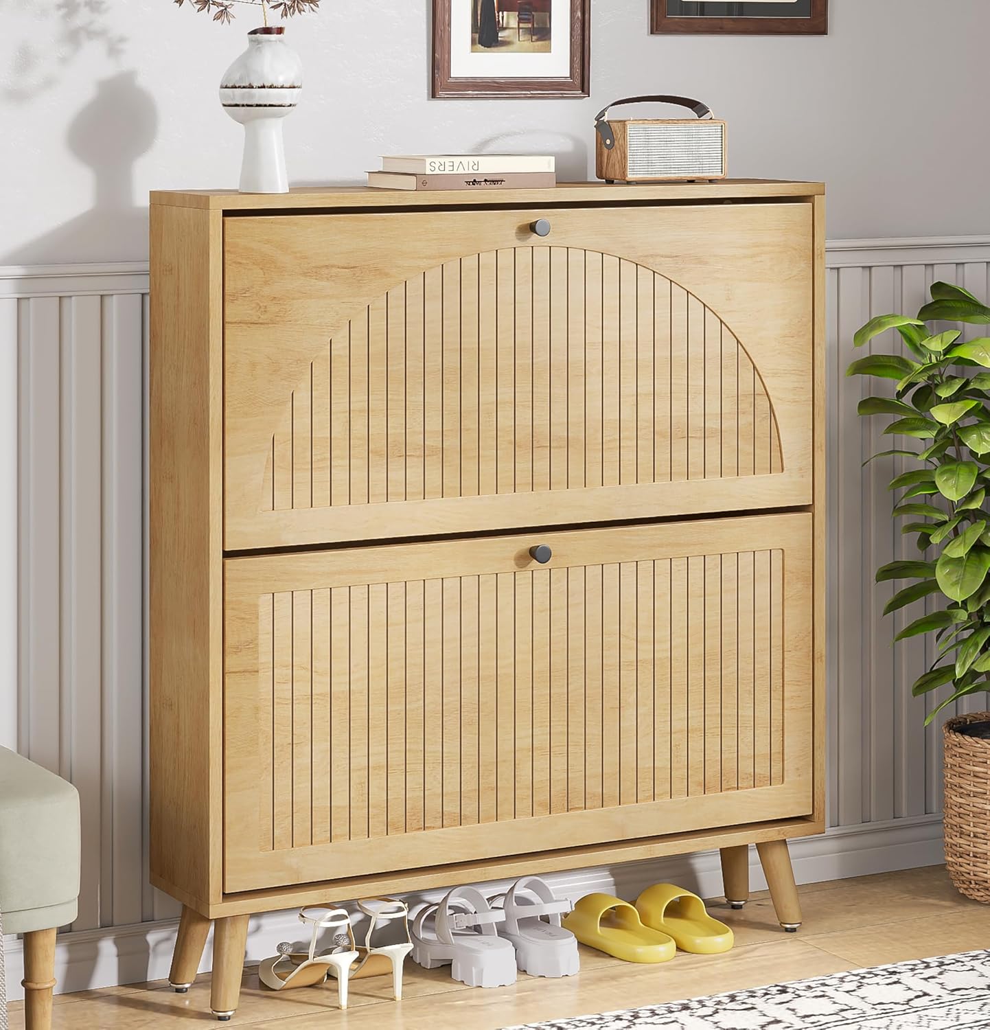 Shoe Storage Cabinet for Entryway with 2 Flip Drawers Narrow Wood Shoe Cabinet with Fluted Panel wourant