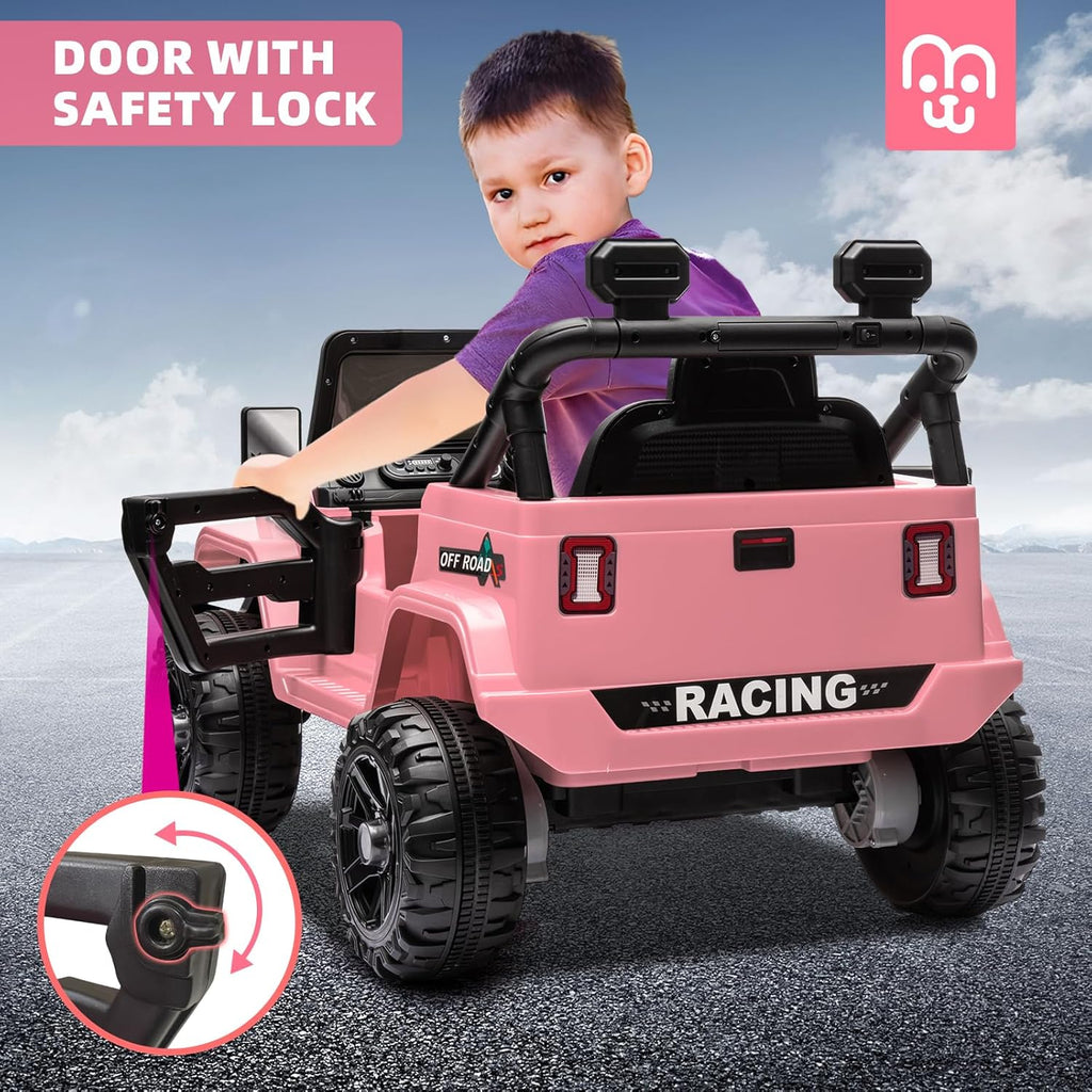 12V Kids Electric Ride on Truck Car Remote Control, Twin 35W Motors 3.5MPH Max Speed, Bluetooth USB Music Player, 4 Wheels Suspension LED Lights Safety Belt, Gift for Boy & Girl-Rosy wourant