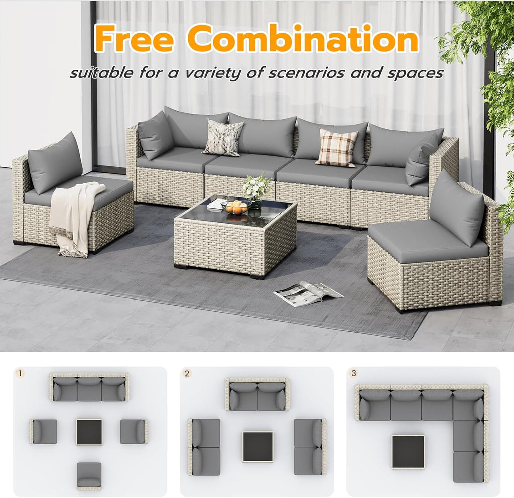 UDPATIO Outdoor Patio Furniture Set, 7-Piece PE Wicker Sectional Sofa with Tea Table, Outdoor Conversation Set wourant
